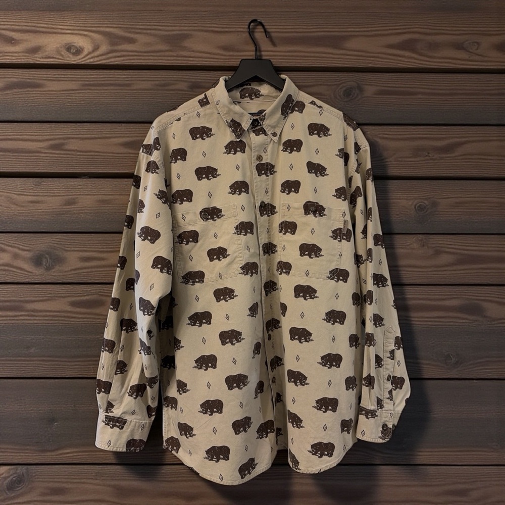 WOOLRICH KHAKI BEAR PRINT MEN’S COTTON BUTTON-DOWN SHIRT SIZE LARGE